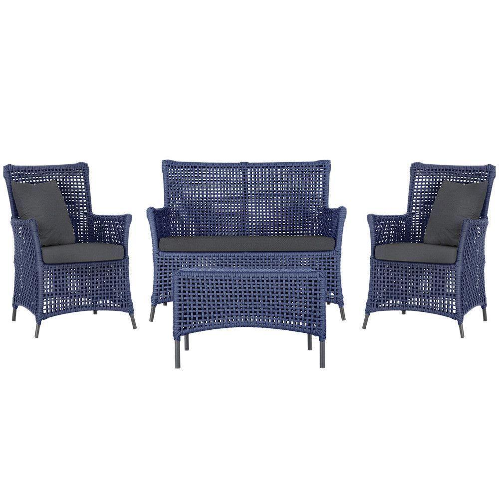 Jogo Sofá 2 Poltronas E Mesa Igapó Preta E11 Trama Original Azul - 1