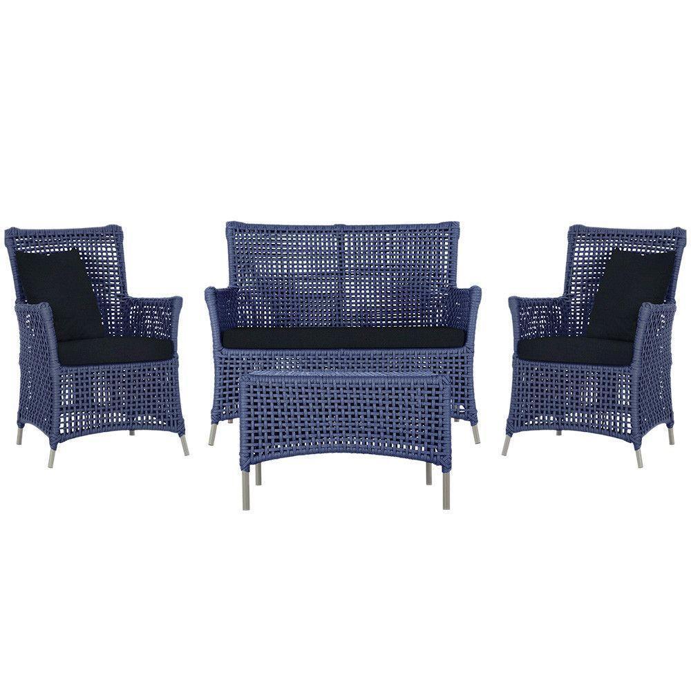 Jogo Sofá 2 Poltronas E Mesa Igapó Fendi E12 Trama Original Azul - 1