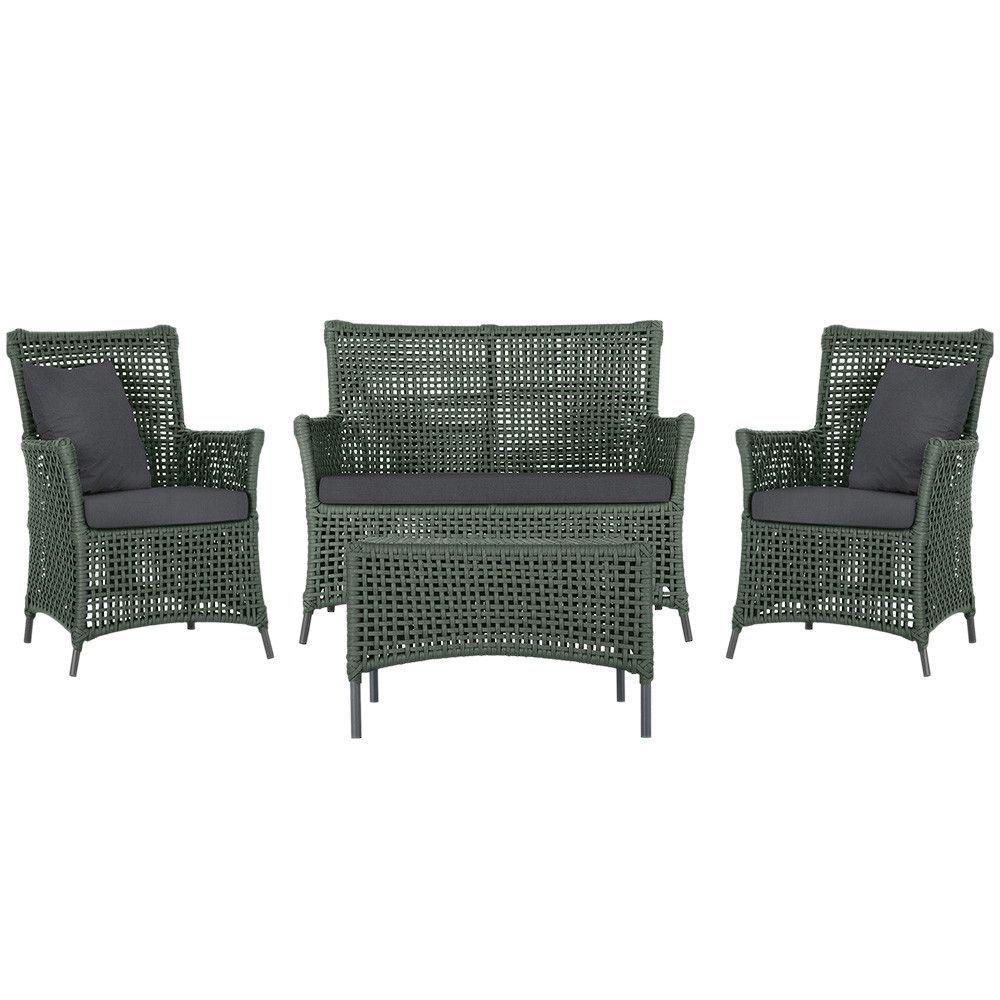 Jogo Sofá 2 Poltronas E Mesa Igapó Preta E11 Trama Original Verde - 1