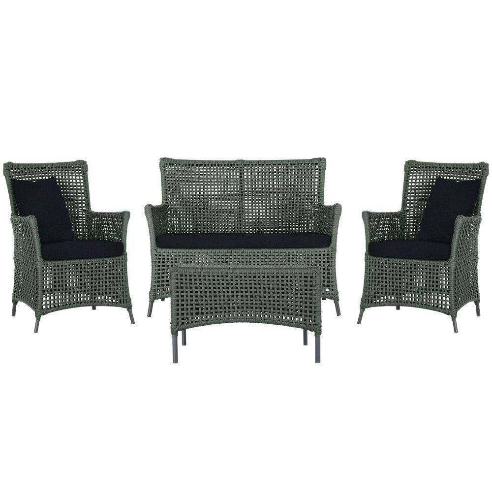 Jogo Sofá 2 Poltronas E Mesa Igapó Preta E12 Trama Original Verde - 1