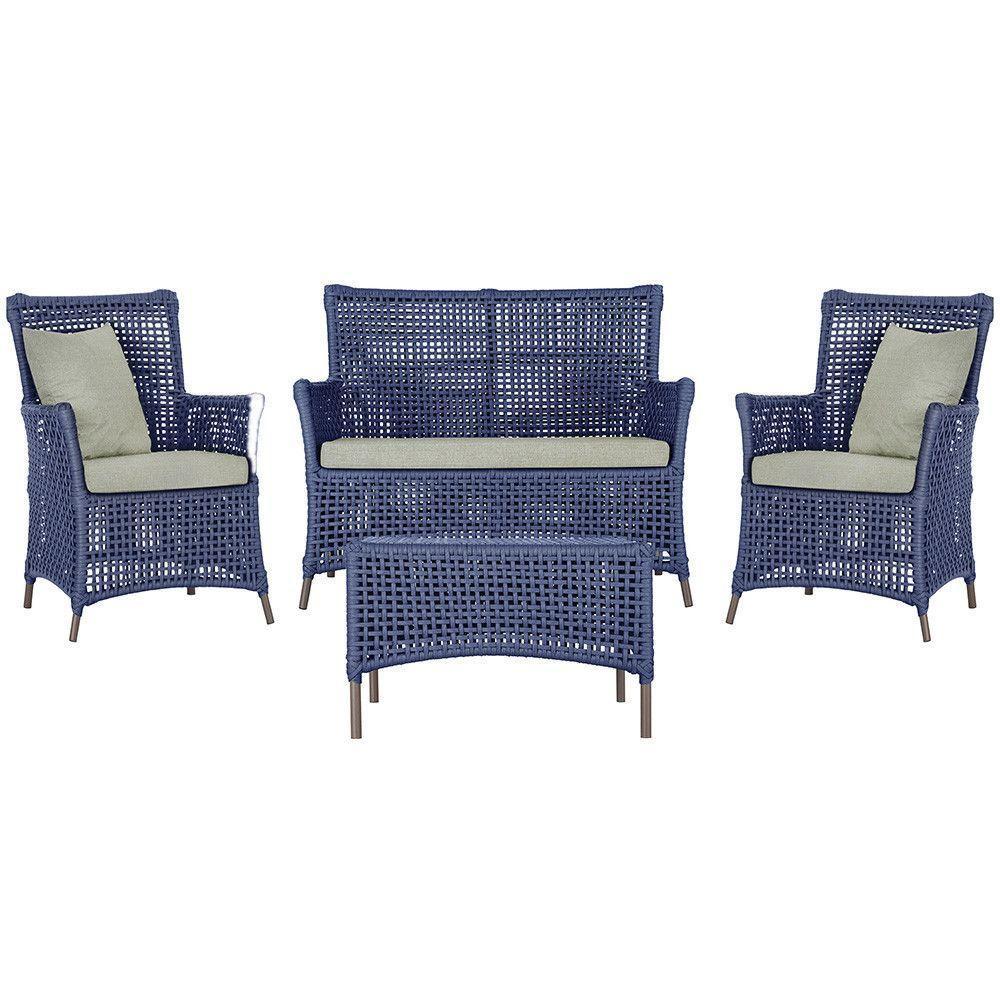 Jogo Sofá 2 Poltronas E Mesa Igapó Marrom E3 Trama Original Azul - 1