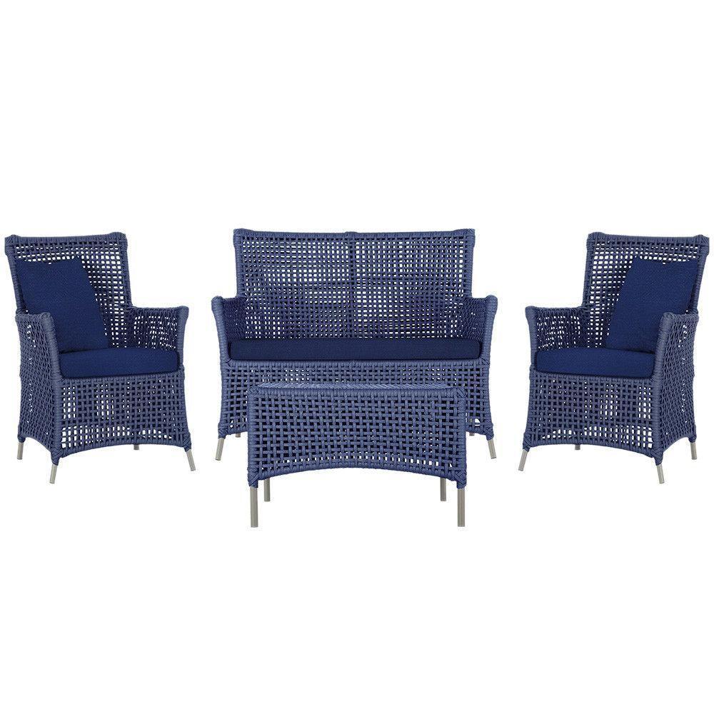 Jogo Sofá 2 Poltronas E Mesa Igapó Fendi E10 Trama Original Azul - 1