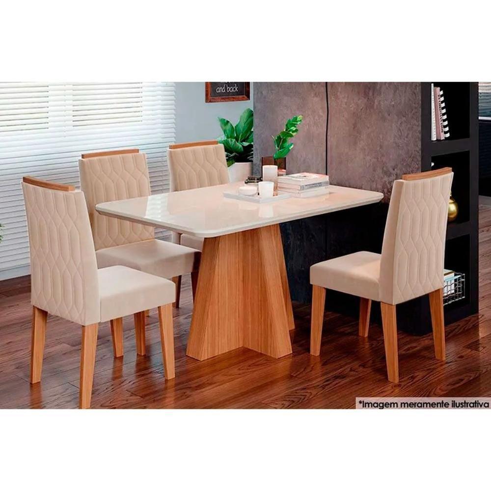 Sala de Jantar Completa Maite c/ Tampo Madeirado c/ Vidro Canto Curvo 130x80cm e 4 Cadeiras Paola Savana-Nature-Madeirado/Suede Nude Bege - Cimol - 1