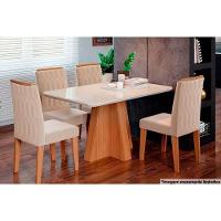 Sala de Jantar Completa Maite c/ Tampo Madeirado c/ Vidro Canto Curvo 130x80cm e 4 Cadeiras Paola Savana-Nature-Madeirado/Suede Nude Bege - Cimol - 1