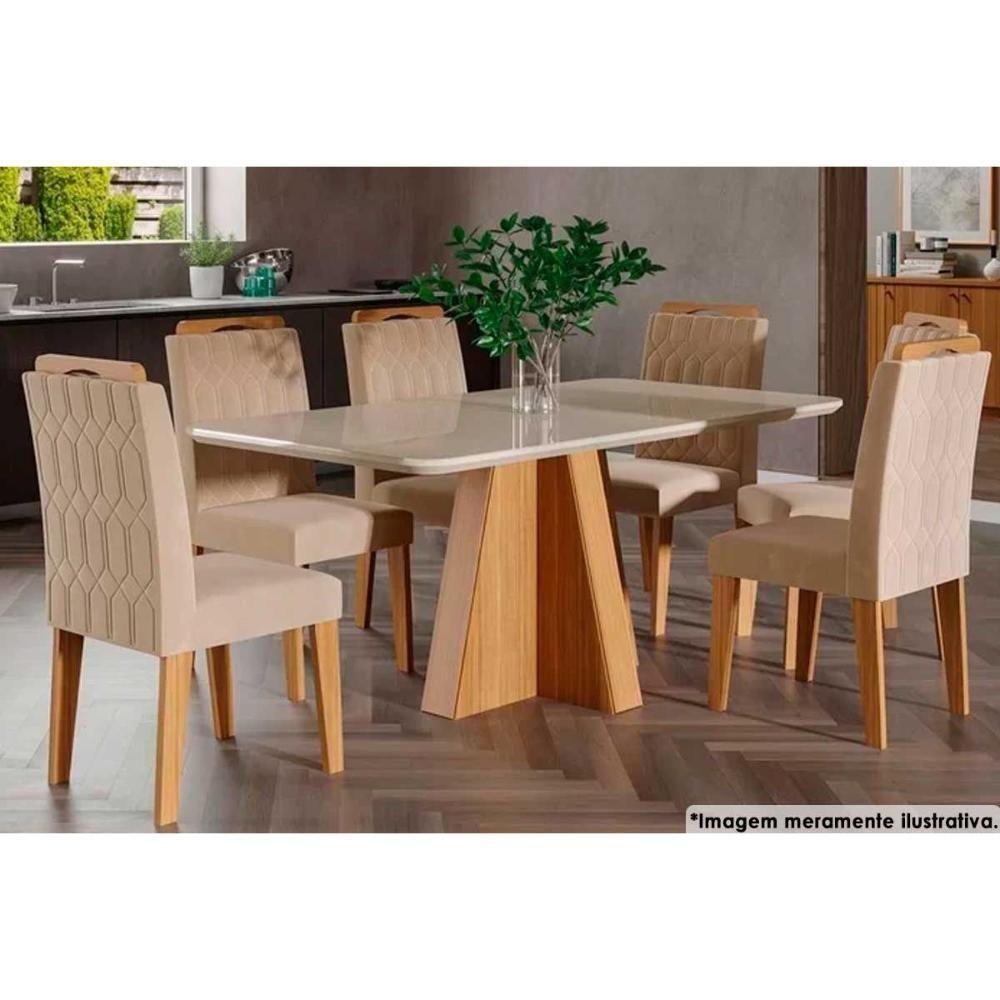 Sala de Jantar Completa Maite c/ Tampo Madeirado c/ Vidro Canto Curvo 160X80cm e 6 Cadeiras Paola Nature-Madeirado/Suede Nude - Cimol - 1