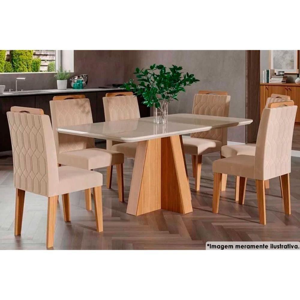 Sala de Jantar Completa Maite c/ Tampo Madeirado c/ Vidro Canto Curvo 160X80cm e 6 Cadeiras Paola Savana-Nature-Madeirado/Suede Nude Bege - Cimol - 1