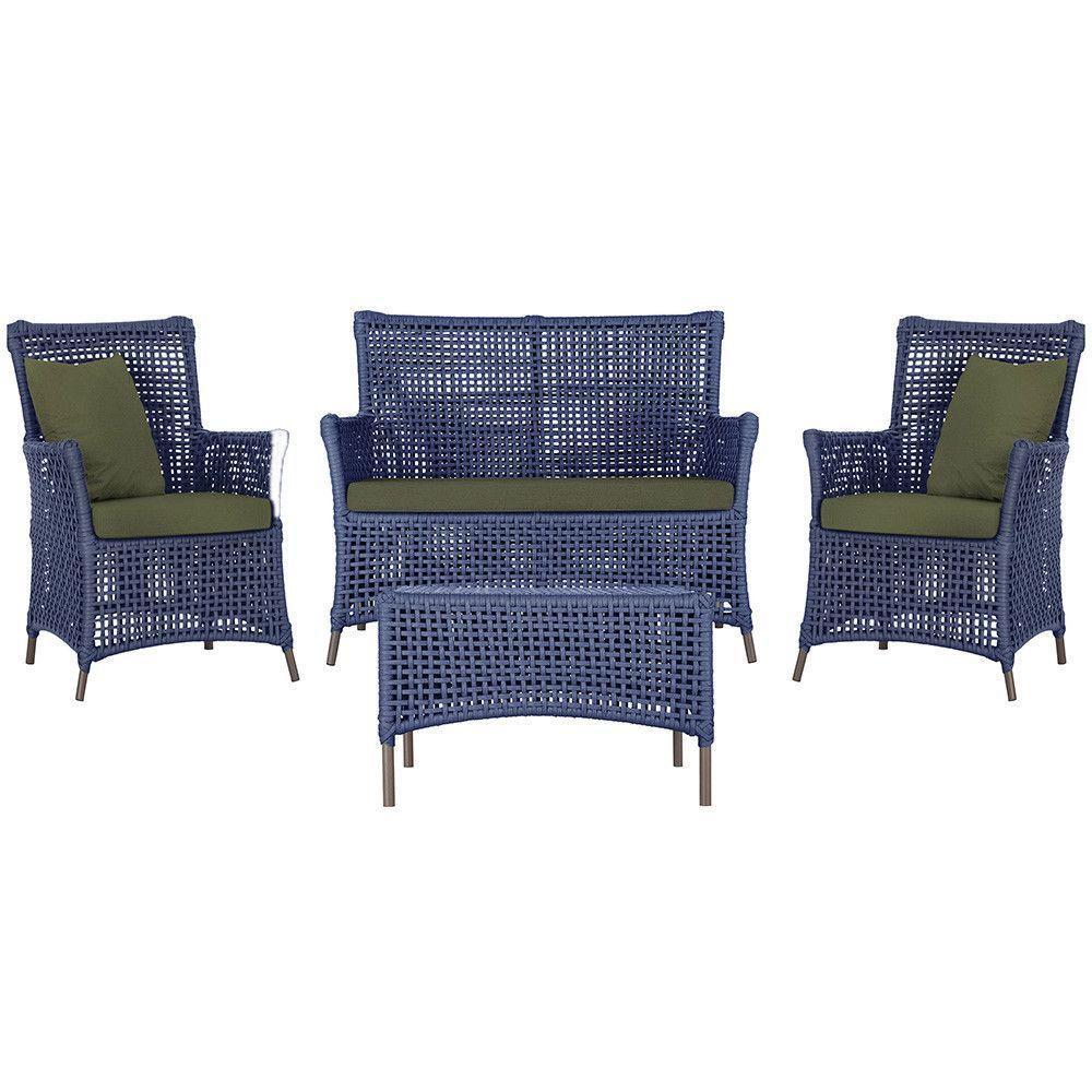 Jogo Sofá 2 Poltronas E Mesa Igapó Marrom E13 Trama Original Azul - 1