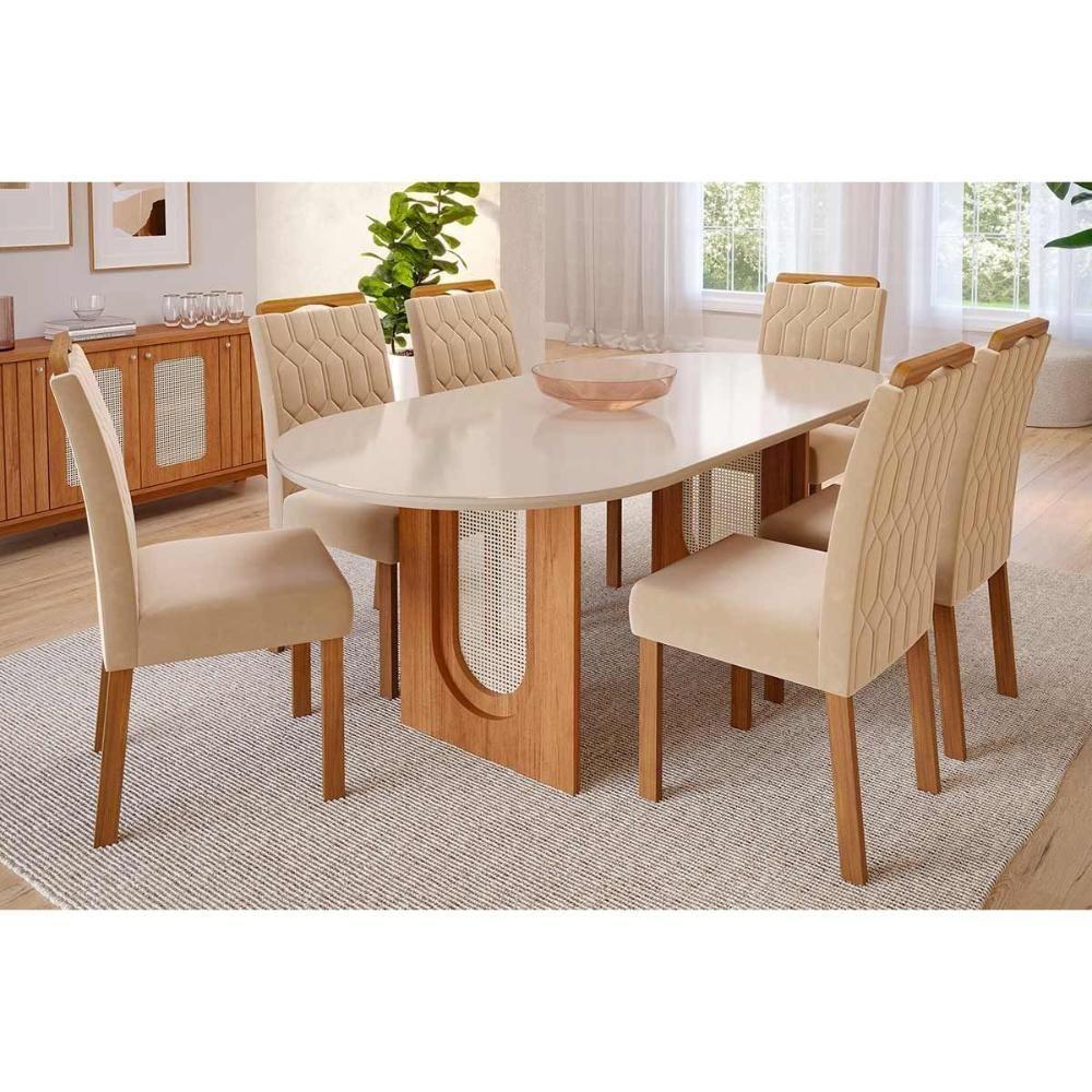 Sala de Jantar Completa Valentina Tampo Madeirado Oval c/ Vidro 210x100cm e 6 Cadeiras Paola Cinamomo/Off White - Savana/Nature-Suede Nude - Cimol - 1