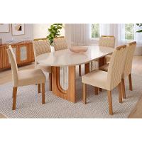 Sala de Jantar Completa Valentina Tampo Madeirado Oval c/ Vidro 210x100cm e 6 Cadeiras Paola Cinamomo/Off White - Savana/Nature-Suede Nude - Cimol - 1