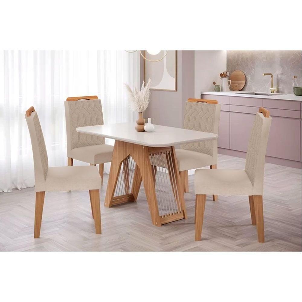 Sala de Jantar Completa Carol Tampo Madeirado c/ Vidro 130x80cm e 4 Cadeiras Paola Savana/Nature-Suede Nude Bege - Cimol - 1