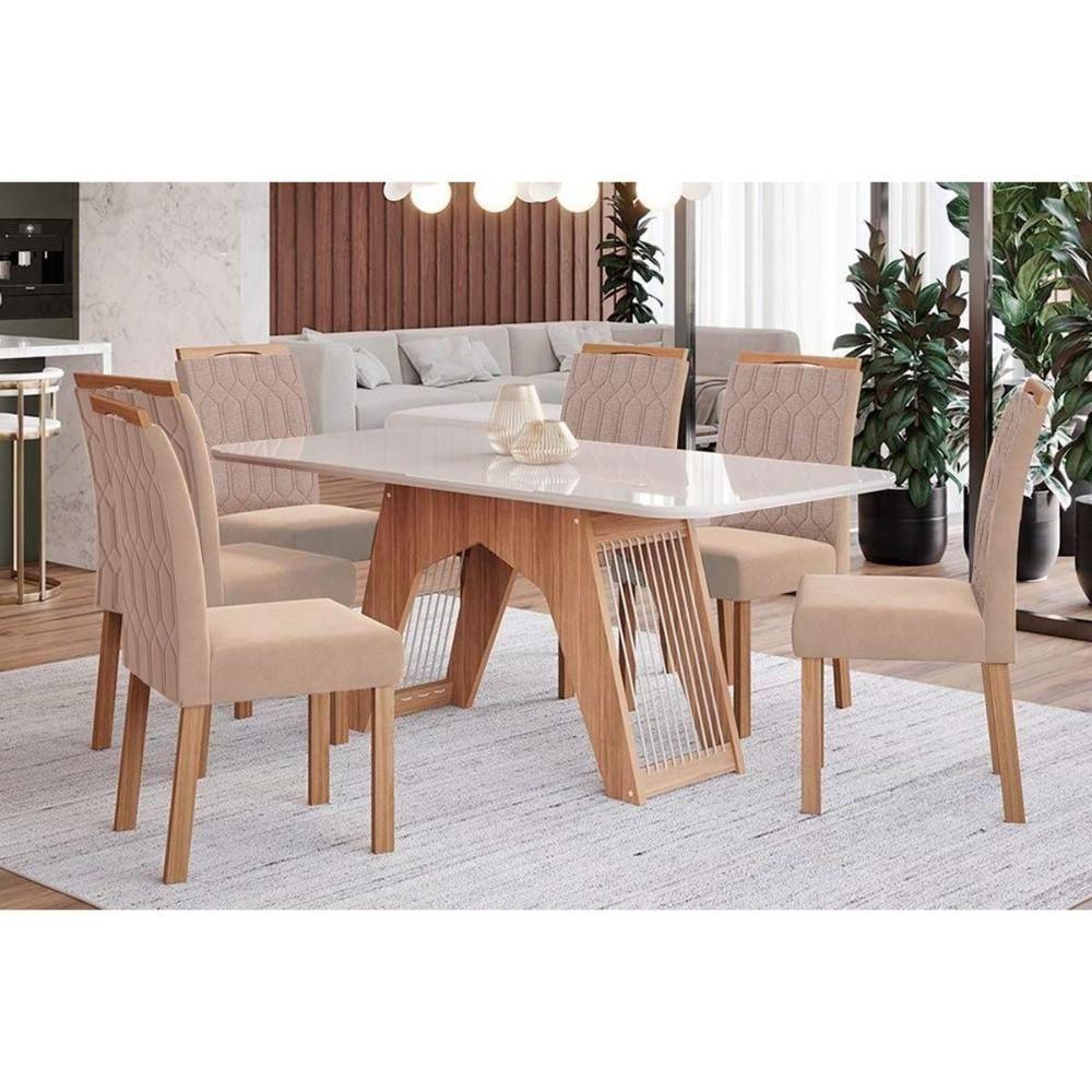 Sala de Jantar Completa Carol Tampo Madeirado c/ Vidro 180x90cm e 6 Cadeiras Paola Savana/Nature-Suede Nude Bege - Cimol - 1