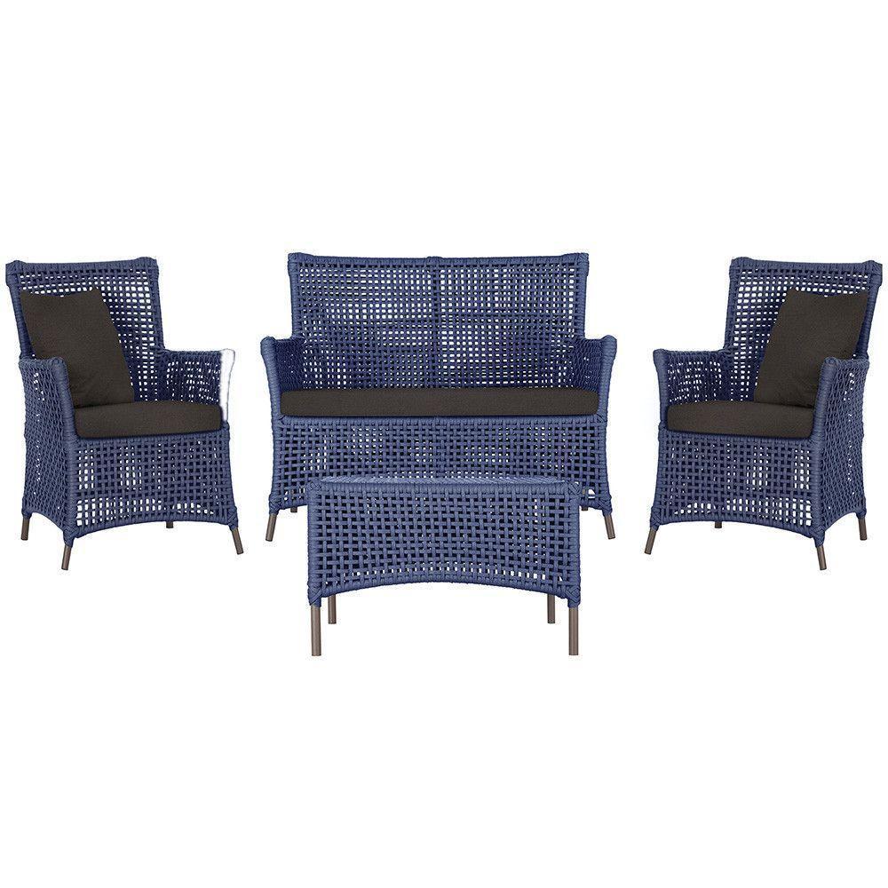 Jogo Sofá 2 Poltronas E Mesa Igapó Marrom E9 Trama Original Azul - 1