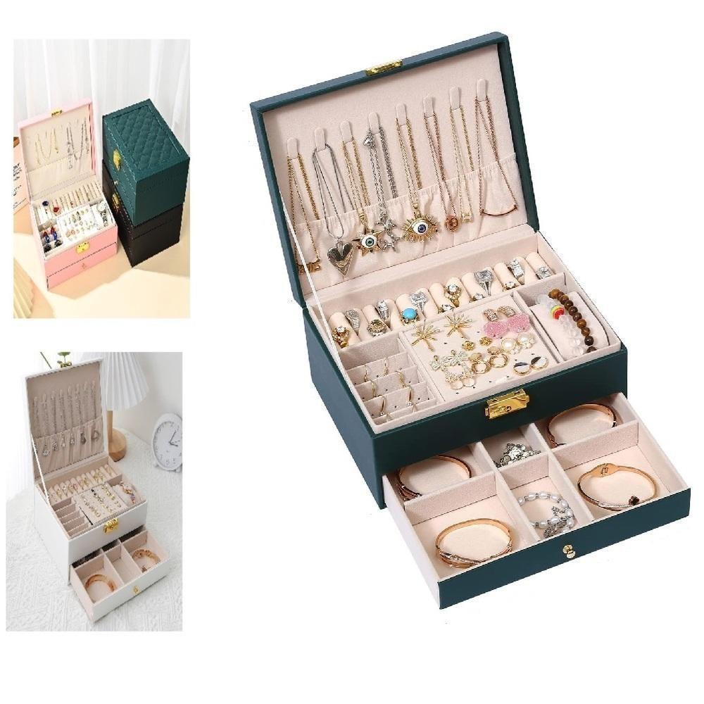 Maleta Porta Joias Caixa Organizador Brincos Estojo Aneis Pulseiras Relogio Gaveta 2 Andares Viagem - 2