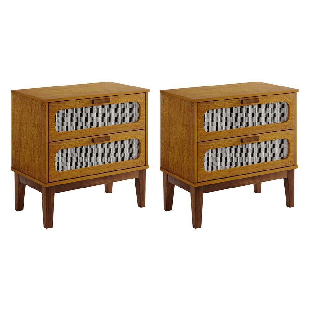 Kit 2 Mesas De Cabeceira 2 Gavetas Santorini Nature 60 Cm Com Tela Indiana - Bege - 1