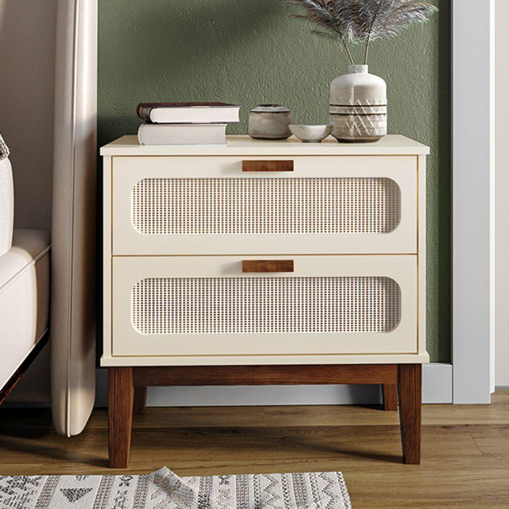 Mesa De Cabeceira 2 Gavetas Santorini Off White 60 Cm Com Tela Indiana - Off White - 1
