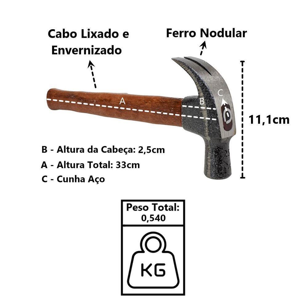 Martelo Unha Premium Cabo Madeira Envernizado Cunha Aço 25mm - 2