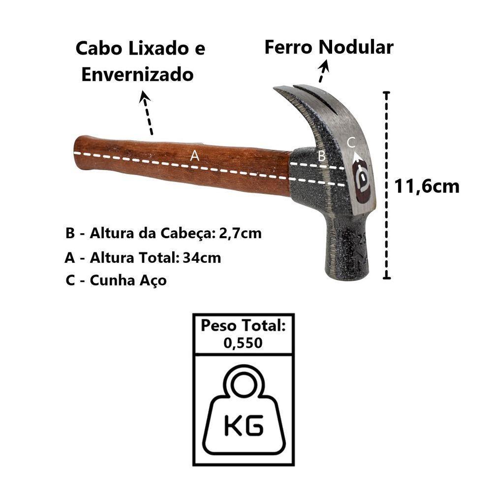 Martelo Unha Premium Cabo Madeira Envernizado Cunha Aço 27mm - 2