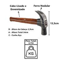 Martelo Unha Premium Cabo Madeira Envernizado Cunha Aço 29mm - 2