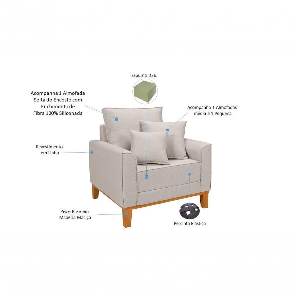 Kit Sofá Beny + 2 Poltronas Para Sala Confortável Linho Cru Cru 184 - 6