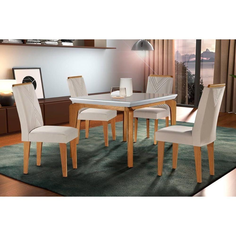 Sala de Jantar Completa Londrina c/ Tampo Madeirado Vidro Canto Reto 120x80cm e 4 cadeiras Amsterdã Imbuia/Off White - Suede Creme - Rufato - 1