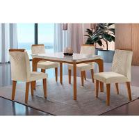 Sala de Jantar Completa Londrina Tampo Madeirado c/ Vidro Curvo 120x80 e 4 Cadeiras Amsterdã Imbuia - Veludo Creme - Rufato - 1