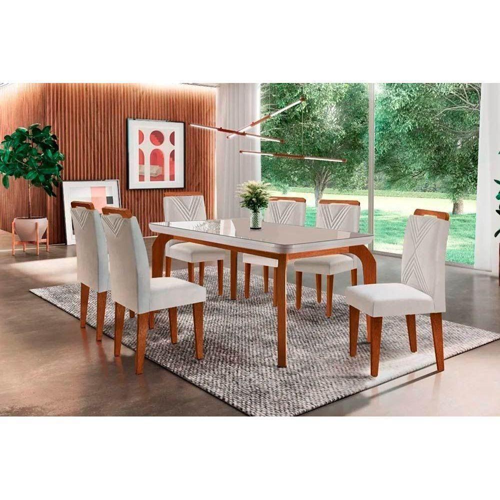 Sala de Jantar Completa Londrina Tampo Madeirado c/ Vidro Curvo 180x90 e 6 Cadeiras Amsterdã Imbuia - Veludo Creme - Rufato - 1