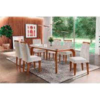 Sala de Jantar Completa Londrina Tampo Madeirado c/ Vidro Curvo 180x90 e 6 Cadeiras Amsterdã Imbuia - Veludo Creme - Rufato - 1