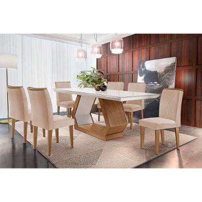 Sala de Jantar Completa Alvorada Tampo Madeirado c/ Vidro Canto Reto 180x90cm e 6 Cadeiras Amsterdã Imbuia/Off White - Veludo Creme - Rufato