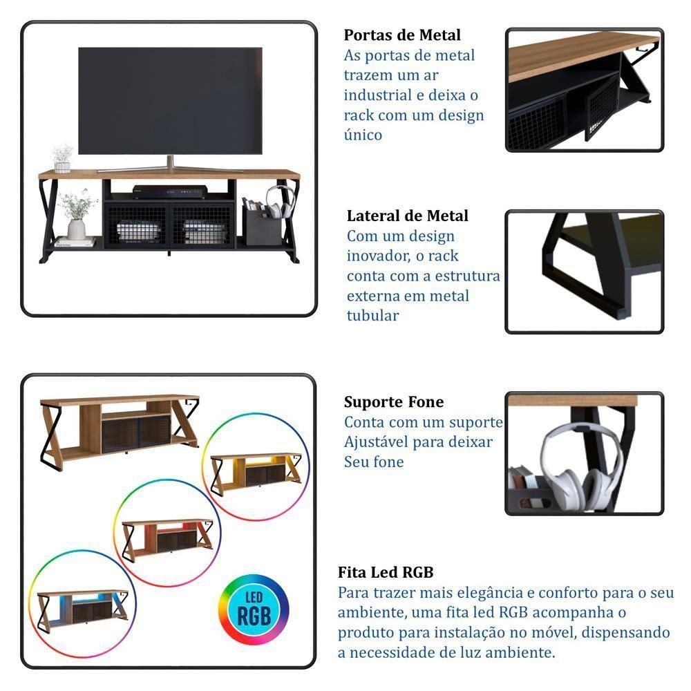 Rack Industrial 160cm Tv 60 Com Led P1033 Preto Mell Pp Milani Store Preto Mell - 6