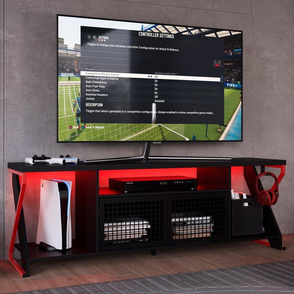 Rack Industrial 160cm Tv 60 Com Led P1033 Vermelho Preto Pp Milani Store Vermelho Preto - 2