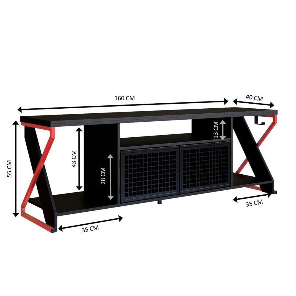 Rack Industrial 160cm Tv 60 Com Led P1033 Vermelho Preto Pp Milani Store Vermelho Preto - 3