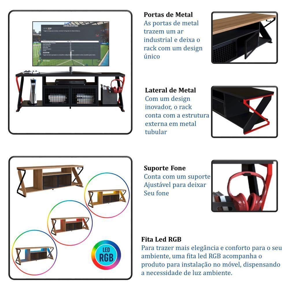 Rack Industrial 160cm Tv 60 Com Led P1033 Vermelho Preto Pp Milani Store Vermelho Preto - 6