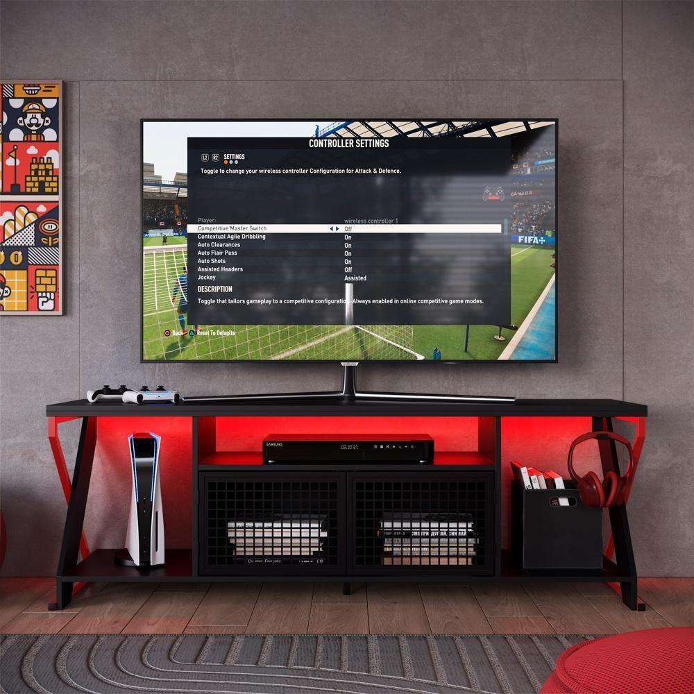 Rack Industrial 160cm Tv 60 Com Led P1033 Vermelho Preto Pp Milani Store Vermelho Preto - 7