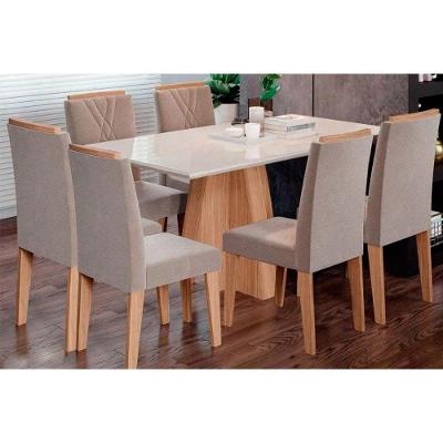 Conjunto: Mesa De Cozinha Maitê Tampo Madeirado C- Vidro Canto Curvo 160x80cm E 6 Cadeiras Nicole Nature-madeirado-suede Nude - Cimol