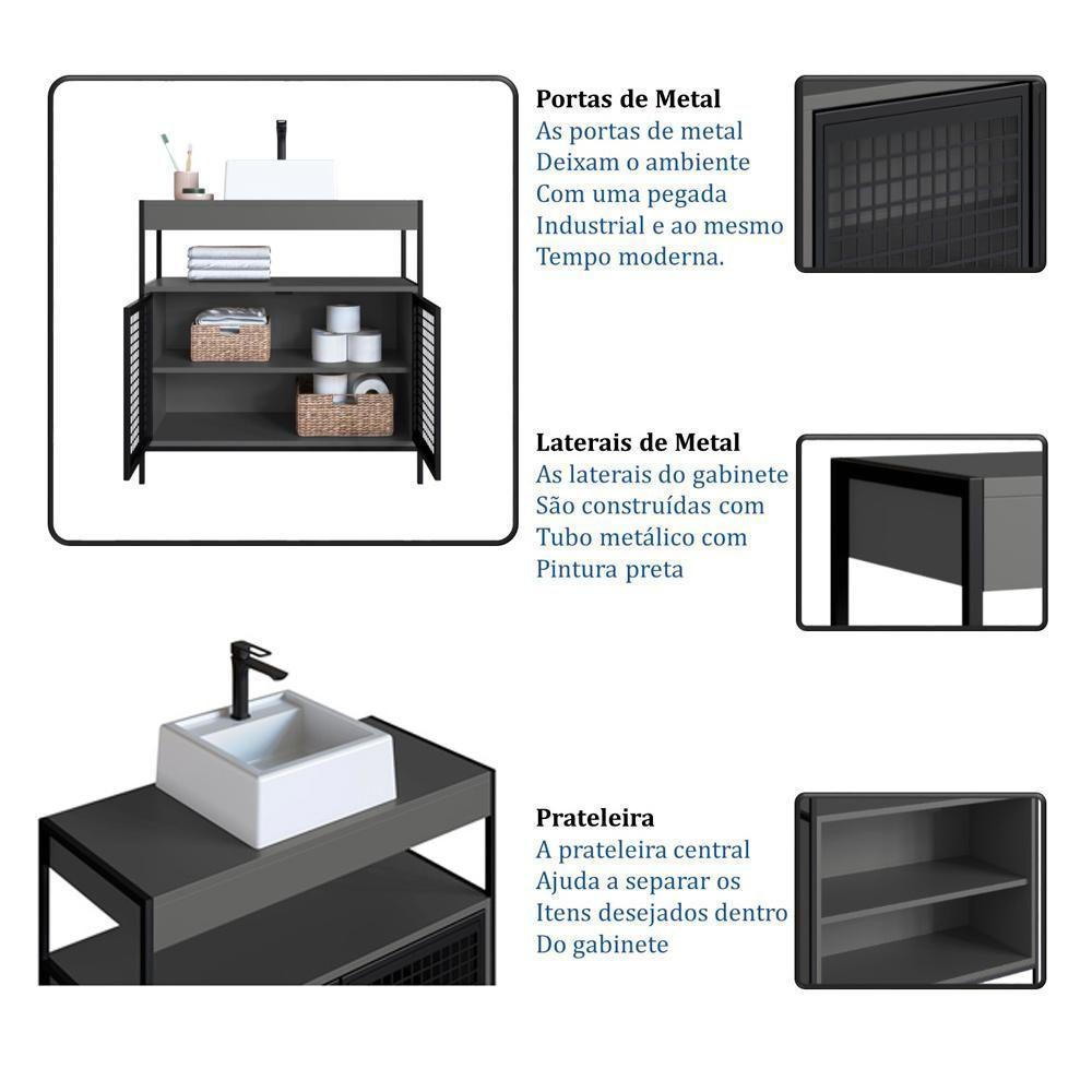 Kit Gabinete E Cuba Para Banheiro P1038c Grafite Pp Milani Store Grafite - 5