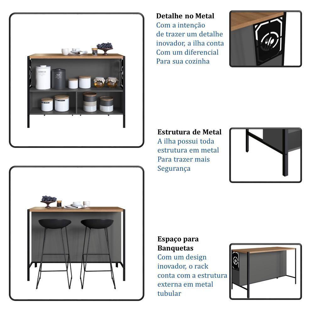 Mesa Bancada Ilha Gourmet 127cm P1034 Grafite Mell Pp Milani Store - 3