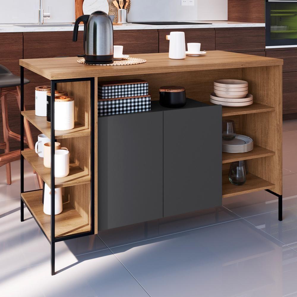 Mesa Ilha Gourmet 131 Cm 2 Portas P1035 Grafite Mell Pp Milani Store - 2