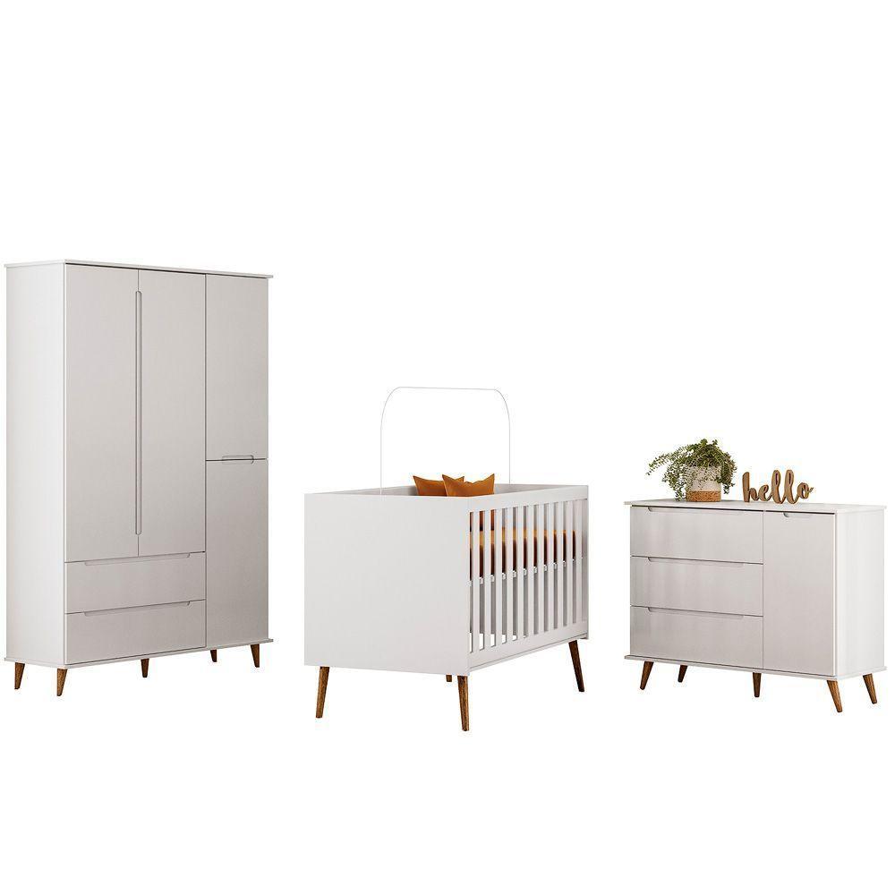 Quarto Bebe Retro Lunna 100% MDF Roupeiro Cômoda Com Porta Berço Mini Cama Peternella Branco - 3