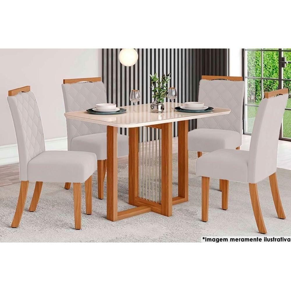 Sala de Jantar Completa Natalí c/ Tampo Madeirado c/ Vidro Curvo 120x80cm e 4 Cadeiras Bella Nature/Linho - Henn - 1