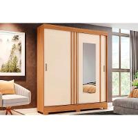 Guarda Roupa Solteiro 2 Portas de Correr (1 c/ Espelho) e 2 Gavetas c/ Pés Briz B353 Nature/Cinza/Off White - Henn - 1