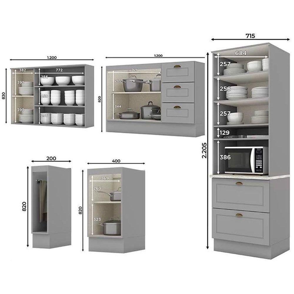 Cozinha Completa Americana 16 Peças (6 Armários + 1 Paneleiro + 5 Balcões + 4 Complementos) C5P38 Cinza - Henn - 4