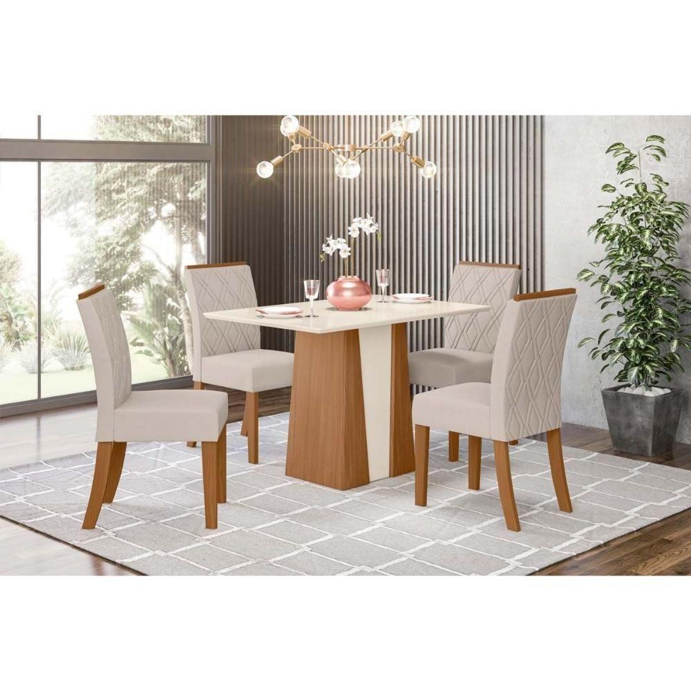 Sala de Jantar Completa Orus c/ Tampo Madeirado 120x80cm e 4 Cadeiras Vita Nature/Off White - Linho Bege - Henn - 1