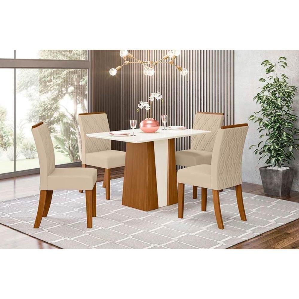 Sala de Jantar Completa Orus c/ Tampo Madeirado 120x80cm e 4 Cadeiras Vita Nature/Off White - Linho Bege - Henn - 1