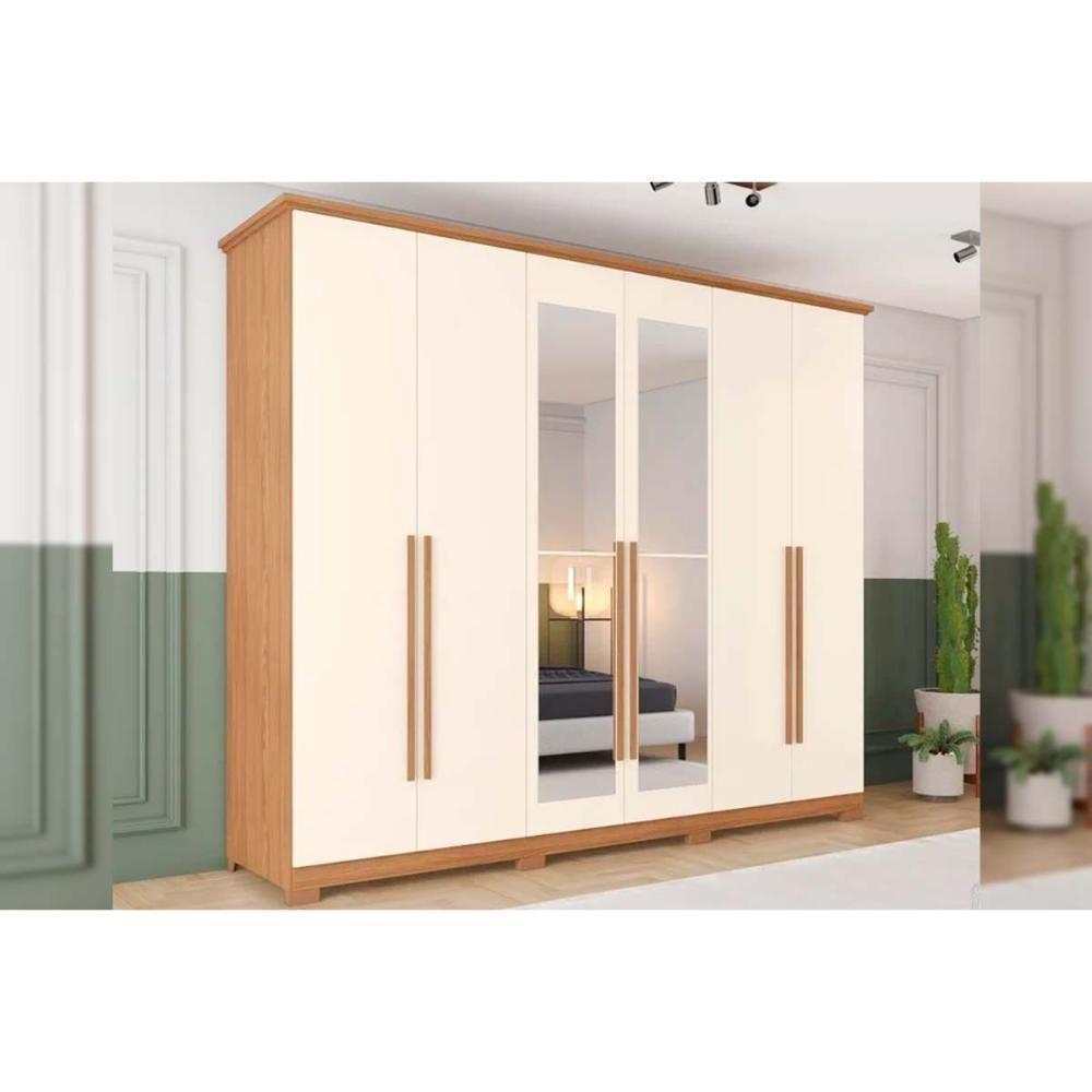 Guarda Roupa Casal 6 Portas (2 c/ Espelho) e 6 Gavetas c/ Pés Leblon Nature/Off White - Henn - 1