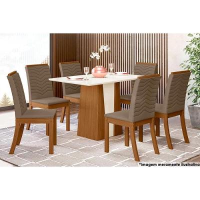 Sala de Jantar Completa Orus Tampo Madeirado 120x80cm e 6 Cadeiras Isa Nature/Off White - Suede Marrom - Henn