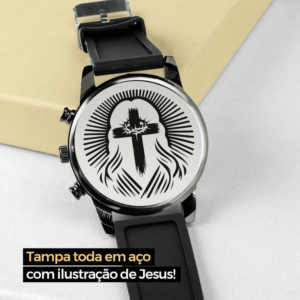Relogio Masculino Aço Preto + Pulseira + Colar Crucifixo Presente Oração Pai Nosso Social Inoxidável - 4