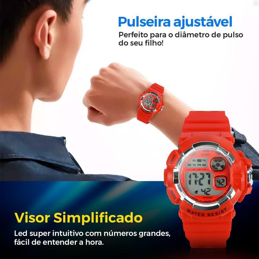 Relogio Digital Infantil Silicone Menino Criança + Caixa Vermelho Kids Adolescente Data Original - 4
