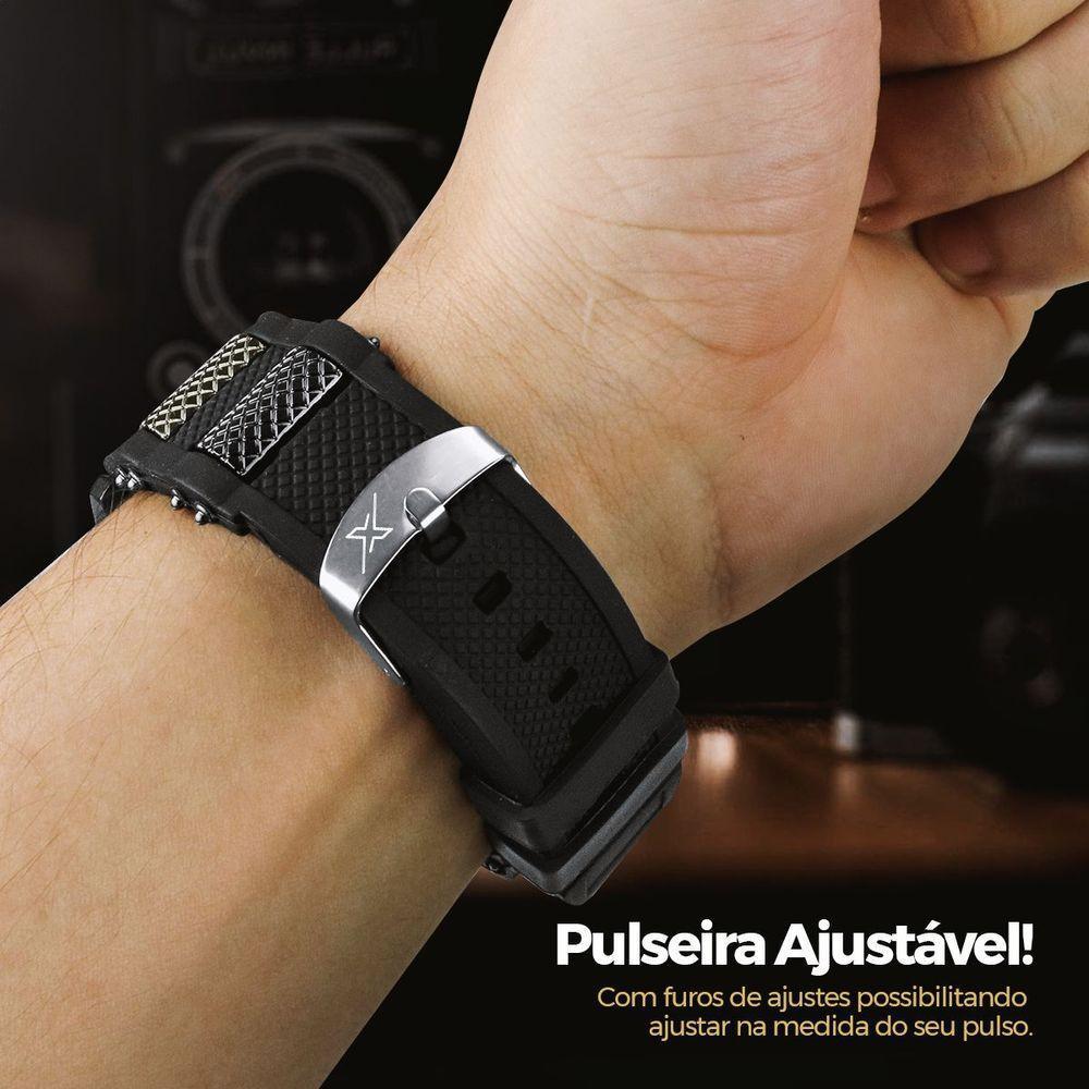 Relogio Masculino Preto + Cordão Prata Grumet + Pulseira - 2