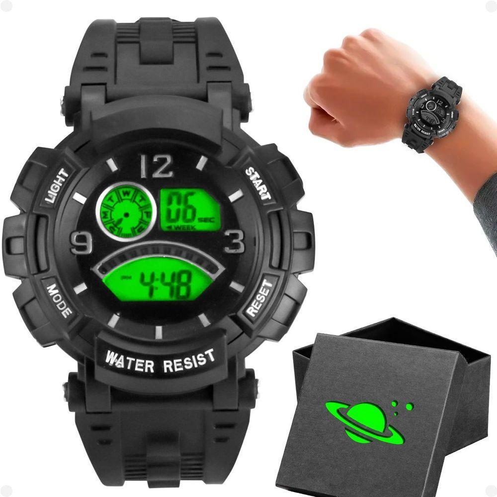 Relogio Digital Led Infantil Silicone Preto Criança + Caixa Kids - 1
