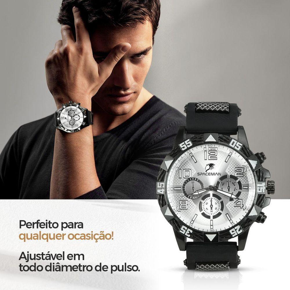 Relogio Masculino Aço Inox + Cordão Crucifixo + Pulseira Preto Spaceman Cruz Fina - 6